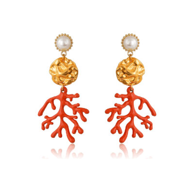 Coral branch and golden disk drop earrings