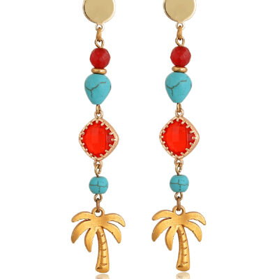 Drop earrings with turquoise, crystals and golden palm tree