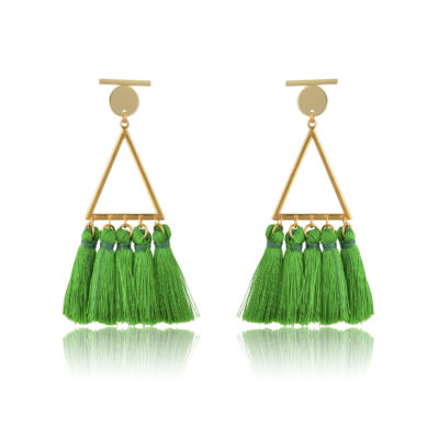Bold and Beautiful geometric drop earring made of 24K gold-plated triangle motif, 24K gold-plated studs, with green artificial silk tassels. Triangle drop earrings, with beautiful silk tassels, perfect for making a statement with a casual look night and day. Also, available in : Red, Black