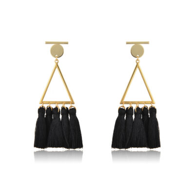 Bold and Beautiful geometric triangular earrings, made of 24K gold-plated brass, and geometric studs. With little black silk tassels. Triangle drop earrings, with beautiful silk tassels, they'll make such a perfect statement with a casual look night and day.  Also, available in : Red, Green