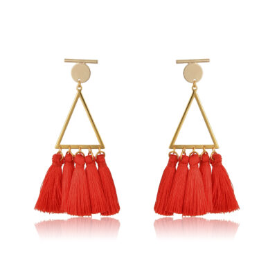 Bold and Beautiful geometric earrings. A smooth golden triangle, a 24K gold-plated geometric brass studs, ending with red artificial silk tassels. These drop earrings, are perfect for making a statement with a casual look night and day.