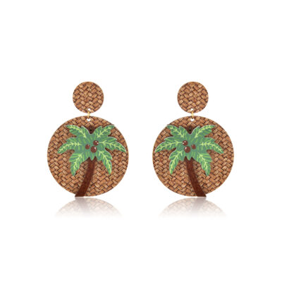 This is a variation of the Tropicana earrings, but with a little twist. A beautiful summer handmade pair of earrings. Made of a rosewood palm tree on a basket weave pattern disk, once you wear it, you feel like you’re on vacation in the tropics, it's such a joy to wear your island. Go ahead and try it.
