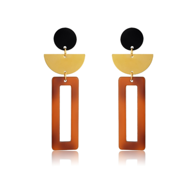 Add a classic touch to any outfit by wearing these on-trend brown tortoise earrings. Rectangular geometric tortoise shell earrings, with golden semi-circle cast to a glossy acrylic black plexi stud. They are lightweight, durable and suitable to wear from day through the night.