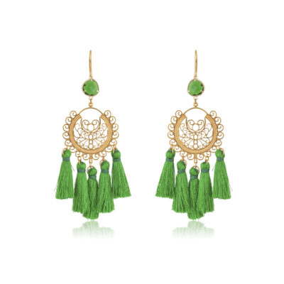 So chic boho earrings. Made with green little silk tassels. A beautifully made filigree motif, attached to a green diamond-shape crystal, dangling from a 24K Gold-plated hook. This pair is perfect for adding a Bohemian touch to your most sophisticated looks.