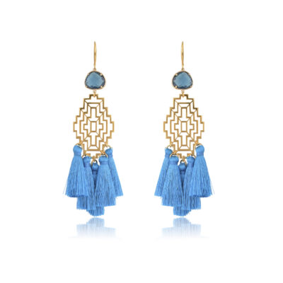 Amazing boho earrings. Made with blue silk tassels. A beautiful maze filigree motif, attached to a blue irregular crystal. Cast to a 24K Gold-plated hook. This pair is perfect for adding a Bohemian touch to your most sophisticated looks.
