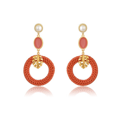Orange rattan hoops earrings with benjamin leave