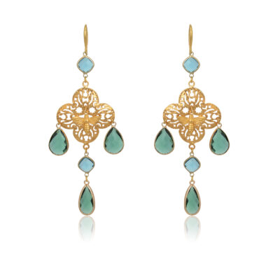 A statement chandelier earrings featuring a beautiful filigree cross design, horned with a little gold bee in the middle. On each sides of the cross, are dandling blue and teal fine crystals. Make a strong impression wherever you go, just by wearing these beauties.