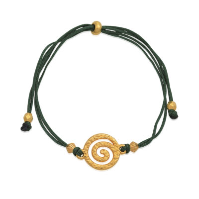 Greek-chic is an ongoing trend! So go for it! Green adjustable bracelet with a 24k gold-plated spiral motif. The Spiral is one of the oldest symbols and has been used since the Paleolithic period in Greece. 