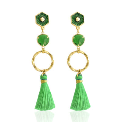 Stunning earrings with a vibrant green tassel and twisted gold circle. Completed by a hexagon stud and shinny green crystal.