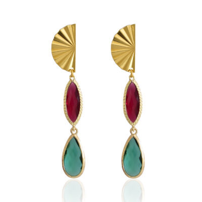 Golden fan stud earrings, with colorful crystal drops
