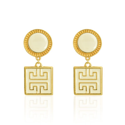 circle stud with a square meander motif earrings. These elegant dangle earrings are a tribute to the Greek meander symbol. With a gold-plated brass and cream enamel finish, these earrings are chic and so Greek, perfect to wear with Greek-chic or minimal-chic outfits.