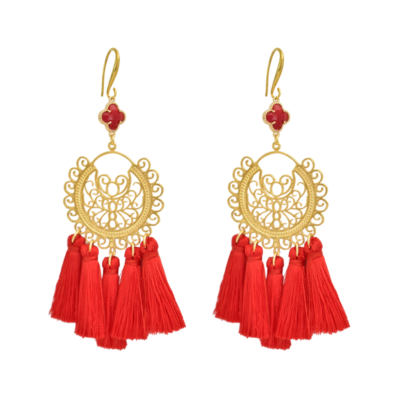 These boho earrings are stunning. Red tassels made of red silk. A delicate filigree design connects to a red crystal cross that hangs from a 24K Gold-plated hook. This pair is ideal for bringing a Bohemian twist to even the most refined of outfits.
