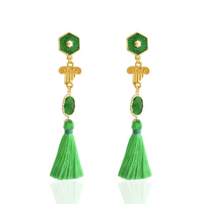 Ionic column, green tassels earrings Vibrant green and fabulous ancient Greek inspired earrings, they are a combination of chic and simplicity. With their little tassels and ionic gold column they're the perfect connection to ancient civilizations. In the modern world, the Greek column remains a symbol associated with sophistication. Perfect for all occasions.