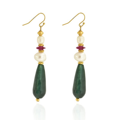 A touch of timeless elegance. Natural pearls, Swarovski beads, and a dark green drop jade stone combine to make magnificent and colorful drop earrings. 24k gold-plated stainless-steel hook. Perfect for daytime or formal occasions. 