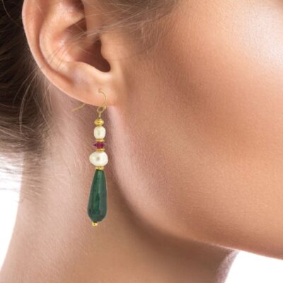 A touch of timeless elegance. Natural pearls, Swarovski beads, and a dark green drop jade stone combine to make magnificent and colorful drop earrings. 24k gold-plated stainless-steel hook. Perfect for daytime or formal occasions. 