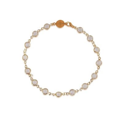 This crystal anklet is one of our Anamae Exclusive. With crystal stones and a gold ICIX NIKA charm. The ICIX NIKA charm is there to protect you, this is a powerful symbol of faith. The gold-plated chain is long-lasting, light, and easy to use in everyday life.