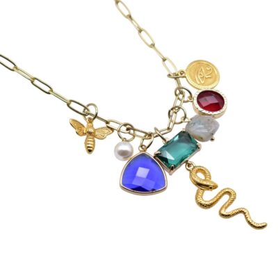 Snake and charm powerful necklace. Protect yourself with this splendid necklace! This unique piece of jewelry is a powerful talisman and is here to bring you luck. Made of high-quality 24k gold-plated brass, and semiprecious stones. His stainless-steel chain is giving it a special value that will last. The charms surrounding the snake are there to reinforce his power. The stones in different tones are creating a tempting color combination. Wear this snake pendant with other Anamae protection jewelry to attract power, good vibes and luck. Note that the semiprecious stones are unique, so the pattern or color may vary.