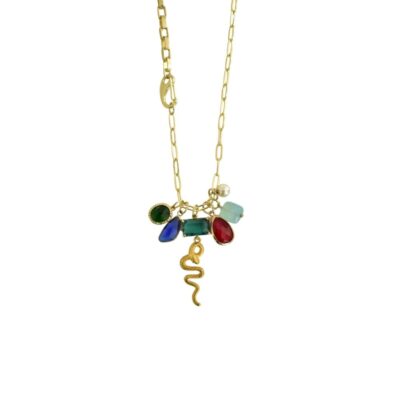 Snake and charms powerful necklace. Protect yourself with this splendid necklace! This unique piece of jewelry is a powerful talisman and is here to bring you luck. Made of high-quality 24k gold-plated brass, and semiprecious stones. His stainless-steel chain is giving it a special value that will last. The charms surrounding the snake are there to reinforce his power. The stones in different tones are creating a tempting color combination. Wear this snake pendant with other Anamae protection jewelry to attract power, good vibes and luck. Note that the semiprecious stones are unique, so the pattern or color may vary.
