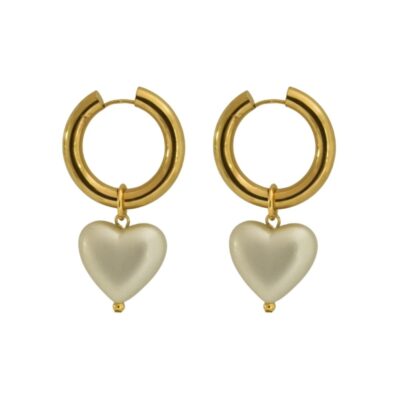 Pearl heart hoops earrings. A classic we are sure glad to see making a come-back. Gold hoops with an pearl heart dangling from them. Add an element of elegance to your look with these pearl earrings. Hoops made from gold-plated stainless-steel, each hoop have one pearly heart pendants hanging from the base. For comfort and security, the hoops include a latch closure.