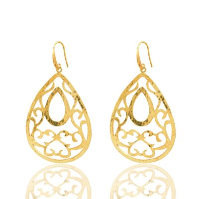 Filigree drop-shaped earrings. Anamae masters the classics by developing new ways to wear timeless jewelry. Elegant and beautiful, these classic drop-shaped filigree earrings will be a distinguished pair in your collection. Made of 24k gold-plated brass, the hammered finish is designed to catch the light from every angle, adding timeless elegance to your look.