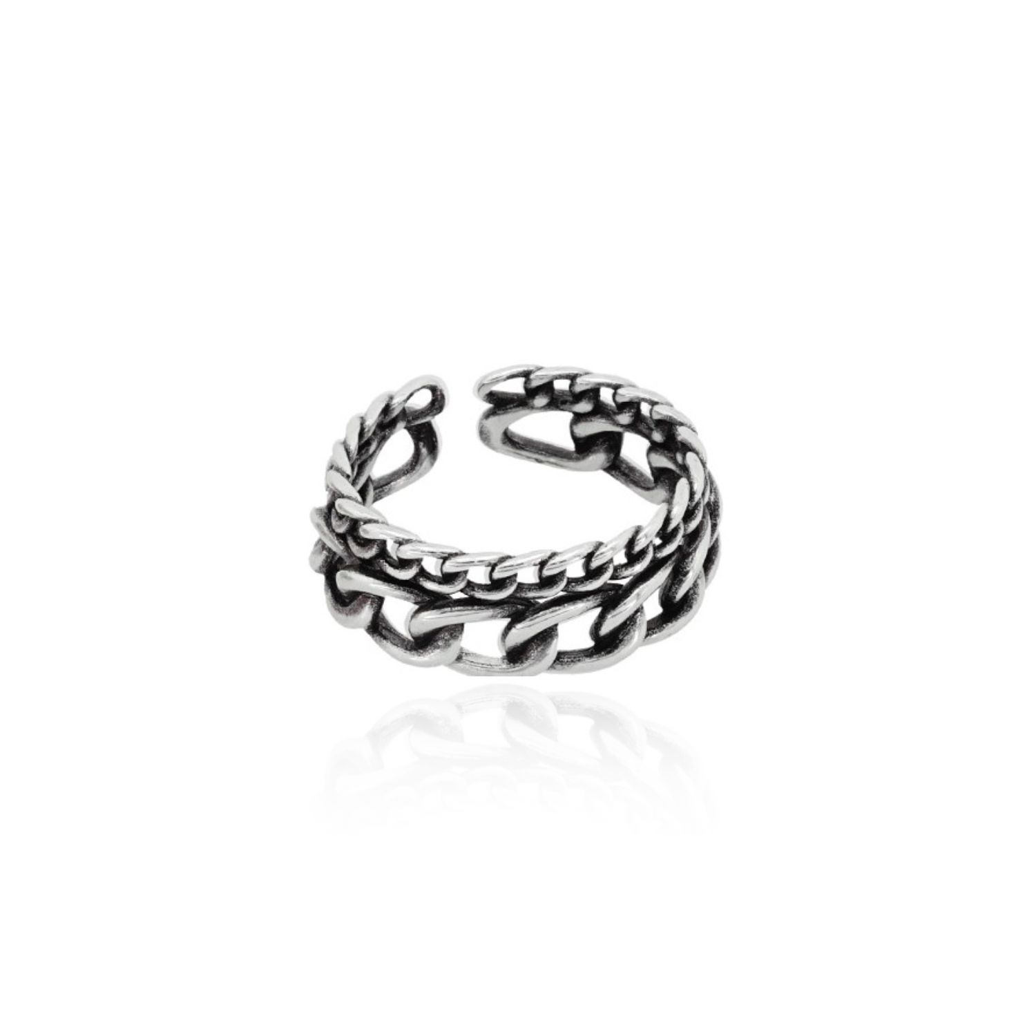 An all-time classic trend, but this time, made for your fingers. The double curb chain ring is designed with two strands of curb chains, facing each other, one smaller and the other larger. This trendy accessory is crafted from 24k gold-plated brass and can add a stylish edge to any outfit. Open torque for a perfect fit.